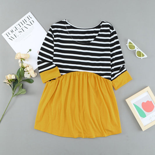 Women’s Casual Color Block T-Shirt – Loose Round Neck Pullover Top