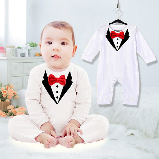 Baby Boy Tuxedo Romper – Formal Long Sleeve Bodysuit with Red Bow Tie