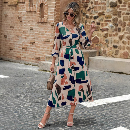 Women's V-Neck Printed Belt Dress