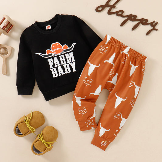 Farm Baby Outfit – Cowboy Print Sweatshirt & Bull Skull Pants 2-Piece Set
