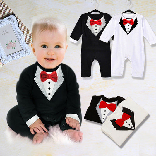 Baby Boy Tuxedo Romper – Formal Long Sleeve Bodysuit with Red Bow Tie