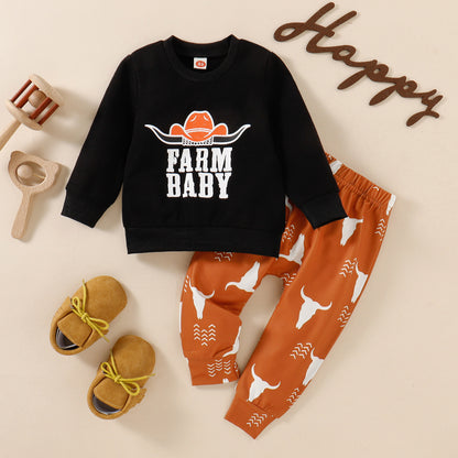 Farm Baby Outfit – Cowboy Print Sweatshirt & Bull Skull Pants 2-Piece Set