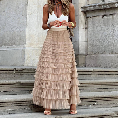 Boho Ruffle Maxi Skirt – Tiered Mesh Long A-Line Skirt for Women