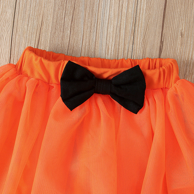 Baby Girl Halloween Outfit – Pumpkin Romper with Bat Wings & Tutu Skirt