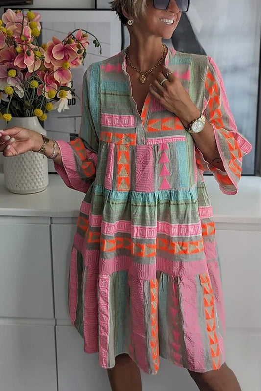 Floral Print V-Neck Dress – 3/4 Sleeve Knee-Length Pullover Casual Autumn Dress