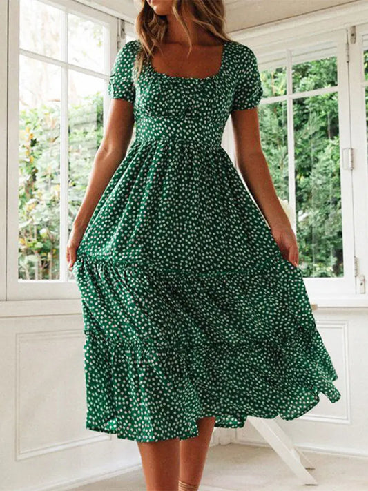 Vintage Floral Puff Sleeve Maxi Dress – Square Collar Sundress