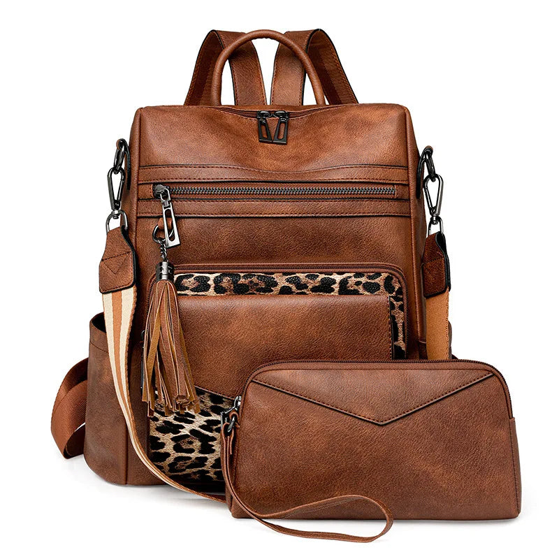 Vintage Women's Backpack Large Capacity Leopard Print Block Design with Tassel