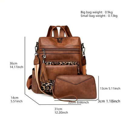 Vintage Women's Backpack Large Capacity Leopard Print Block Design with Tassel