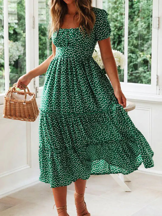 Vintage Floral Puff Sleeve Maxi Dress – Square Collar Sundress