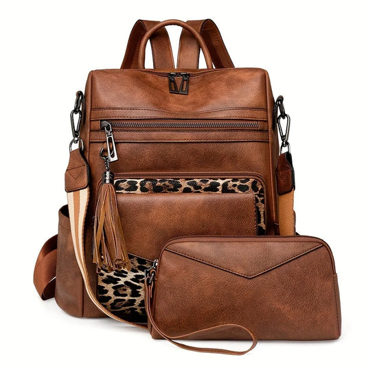 Vintage Women's Backpack Large Capacity Leopard Print Block Design with Tassel