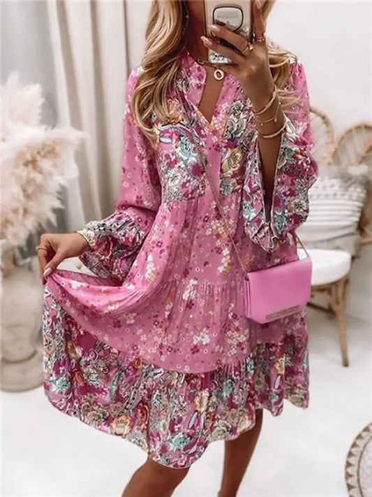 Boho Floral Print V-Neck Dress – Casual Loose A-Line Dress
