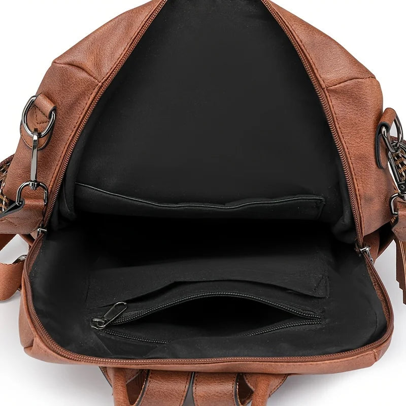 Vintage Women's Backpack Large Capacity Leopard Print Block Design with Tassel