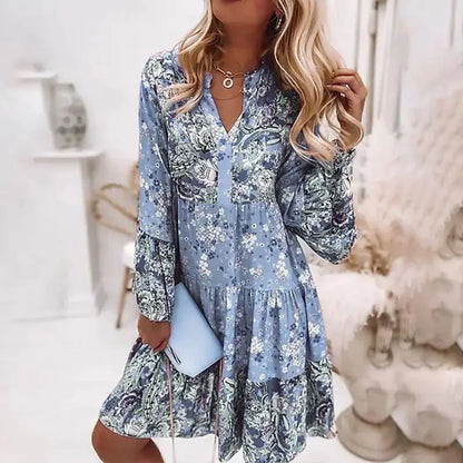 Boho Floral Print V-Neck Dress – Casual Loose A-Line Dress