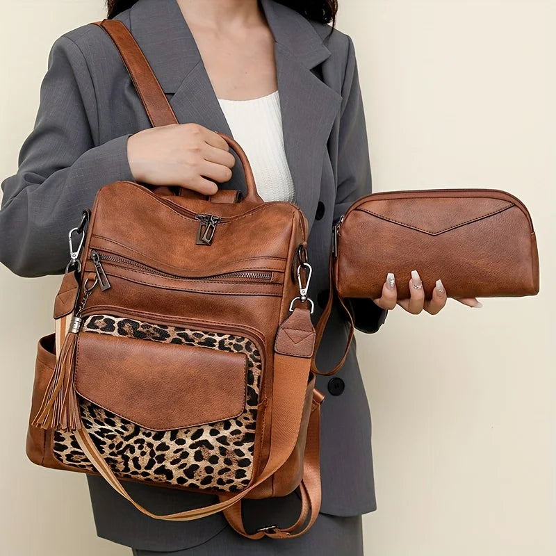 Vintage Women's Backpack Large Capacity Leopard Print Block Design with Tassel