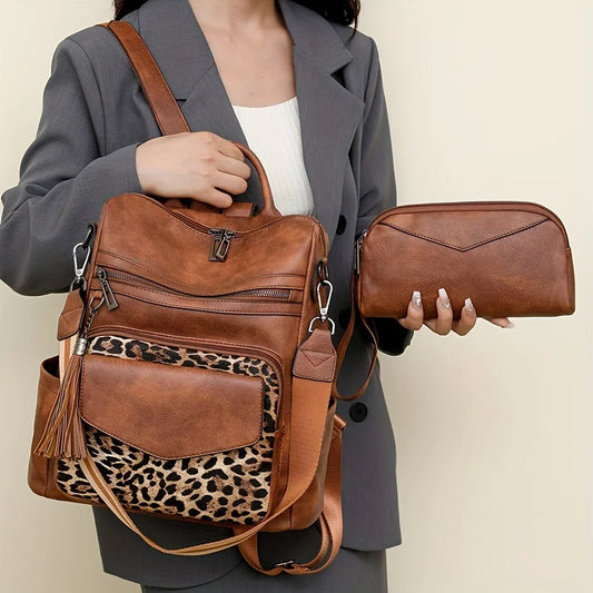 Vintage Women's Backpack Large Capacity Leopard Print Block Design with Tassel