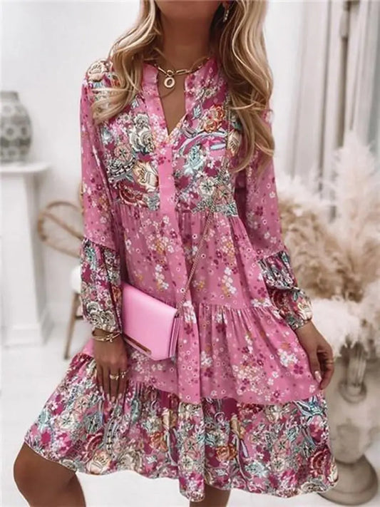 Boho Floral Print V-Neck Dress – Casual Loose A-Line Dress
