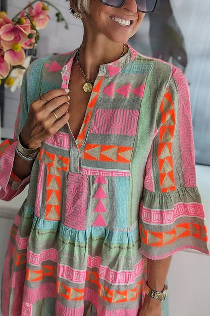 Floral Print V-Neck Dress – 3/4 Sleeve Knee-Length Pullover Casual Autumn Dress