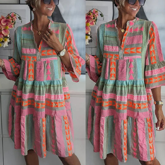 Floral Print V-Neck Dress – 3/4 Sleeve Knee-Length Pullover Casual Autumn Dress