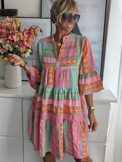 Floral Print V-Neck Dress – 3/4 Sleeve Knee-Length Pullover Casual Autumn Dress