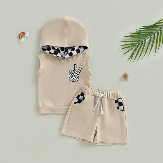 2PCS Shorts Sets Sleeveless Hooded Vest and Drawstring Shorts
