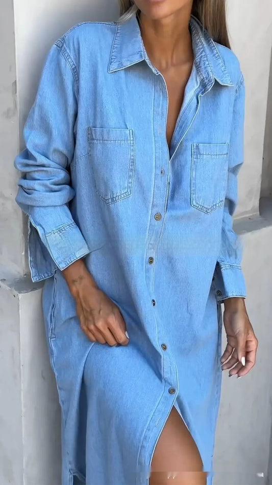 Denim Maxi Shirt Dress – Long Sleeve Button Down