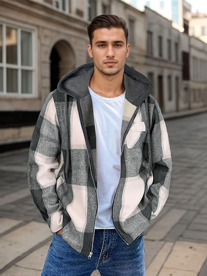 Men’s Plaid Hooded Jacket – Casual Zip-Up Outerwear