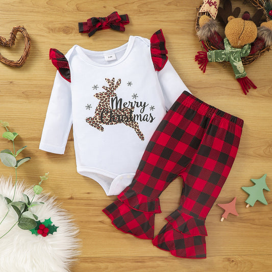 Baby Girl Merry Christmas Outfit – Leopard Reindeer Romper + Plaid Flared Pants + Headband (3pcs Set)