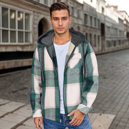 Men’s Plaid Hooded Jacket – Casual Zip-Up Outerwear