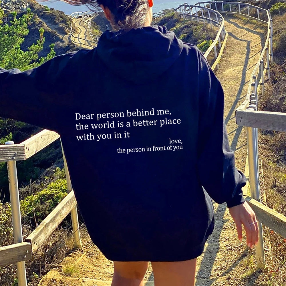 “Dear Person Behind Me” Plush Hoodie – Unisex Letter Print Pullover