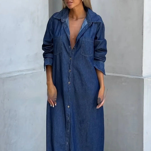 Denim Maxi Shirt Dress – Long Sleeve Button Down