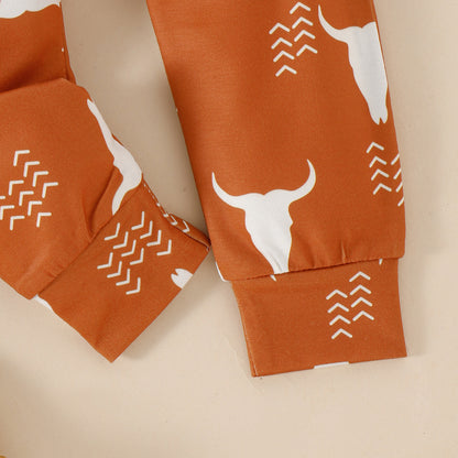 Farm Baby Outfit – Cowboy Print Sweatshirt & Bull Skull Pants 2-Piece Set