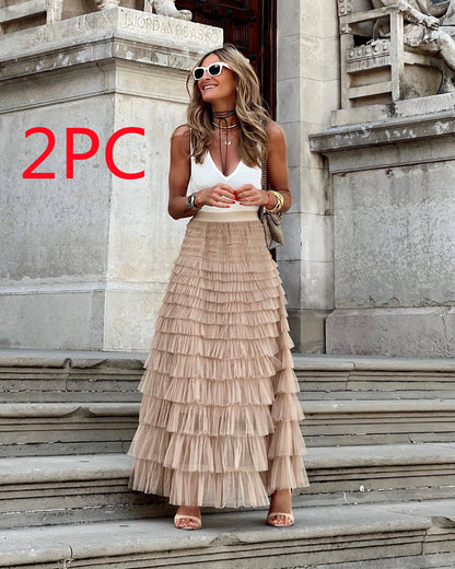 Boho Ruffle Maxi Skirt – Tiered Mesh Long A-Line Skirt for Women