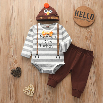 Baby “Mommy’s Little Turkey” Thanksgiving Outfit – 3pcs Romper + Pants + Hat Set