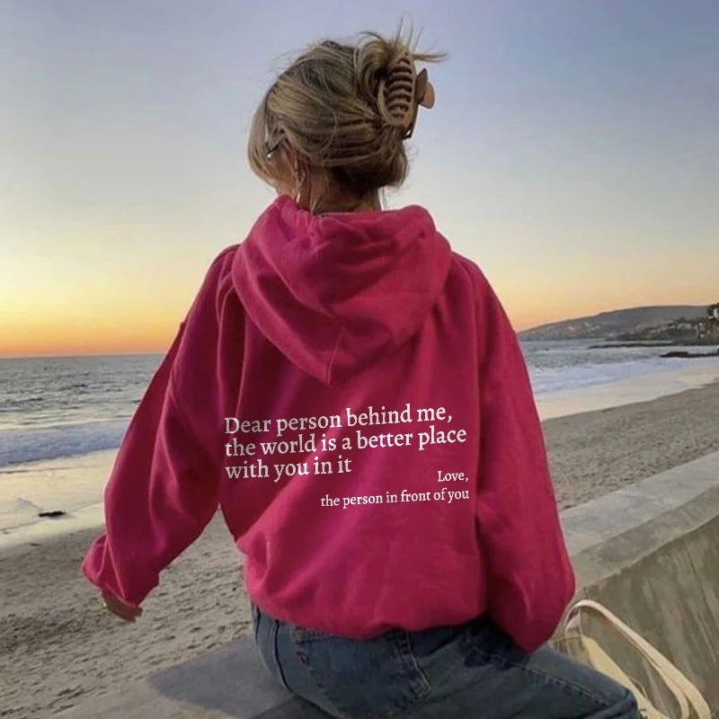 “Dear Person Behind Me” Plush Hoodie – Unisex Letter Print Pullover