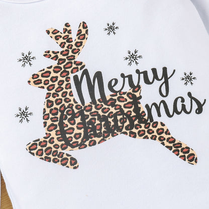 Baby Girl Merry Christmas Outfit – Leopard Reindeer Romper + Plaid Flared Pants + Headband (3pcs Set)