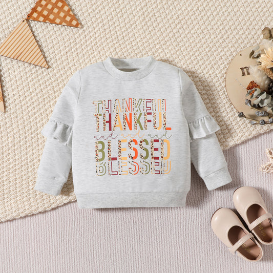Toddler Girl Fall Outfit – “Thankful Blessed” Sweatshirt & Plaid Skirt Set
