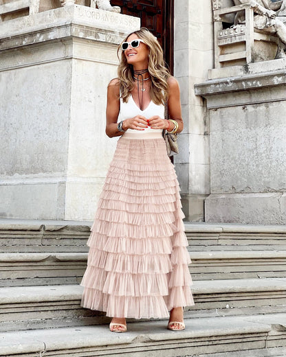 Boho Ruffle Maxi Skirt – Tiered Mesh Long A-Line Skirt for Women