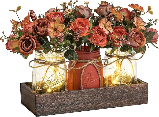 Farmhouse Mason Jar Set – 3 Jar Centerpiece with Wood Tray & Warm LED Lights
