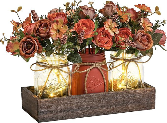 Farmhouse Mason Jar Set – 3 Jar Centerpiece with Wood Tray & Warm LED Lights
