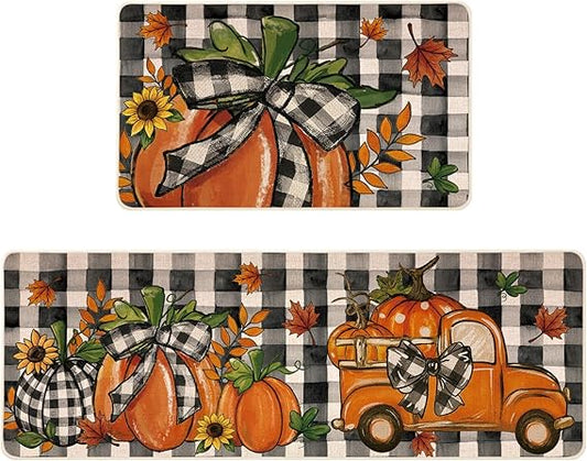 Fall Kitchen Mats Set of 2 – Farmhouse Pumpkin Truck Design