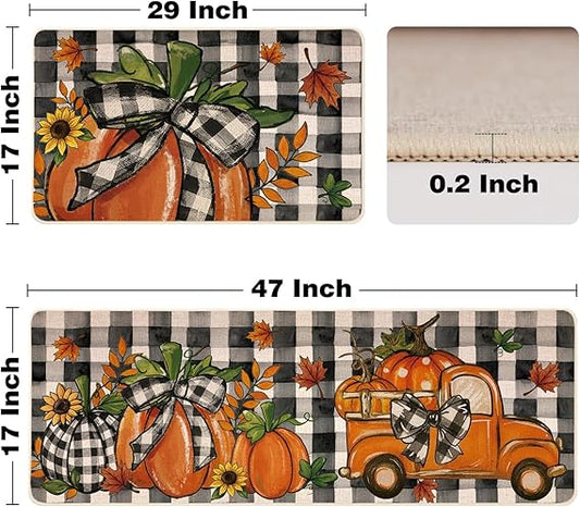 Fall Kitchen Mats Set of 2 – Farmhouse Pumpkin Truck Design