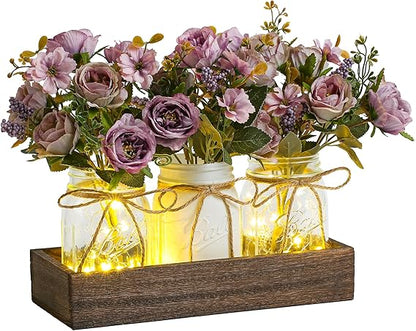 Farmhouse Mason Jar Set – 3 Jar Centerpiece with Wood Tray & Warm LED Lights