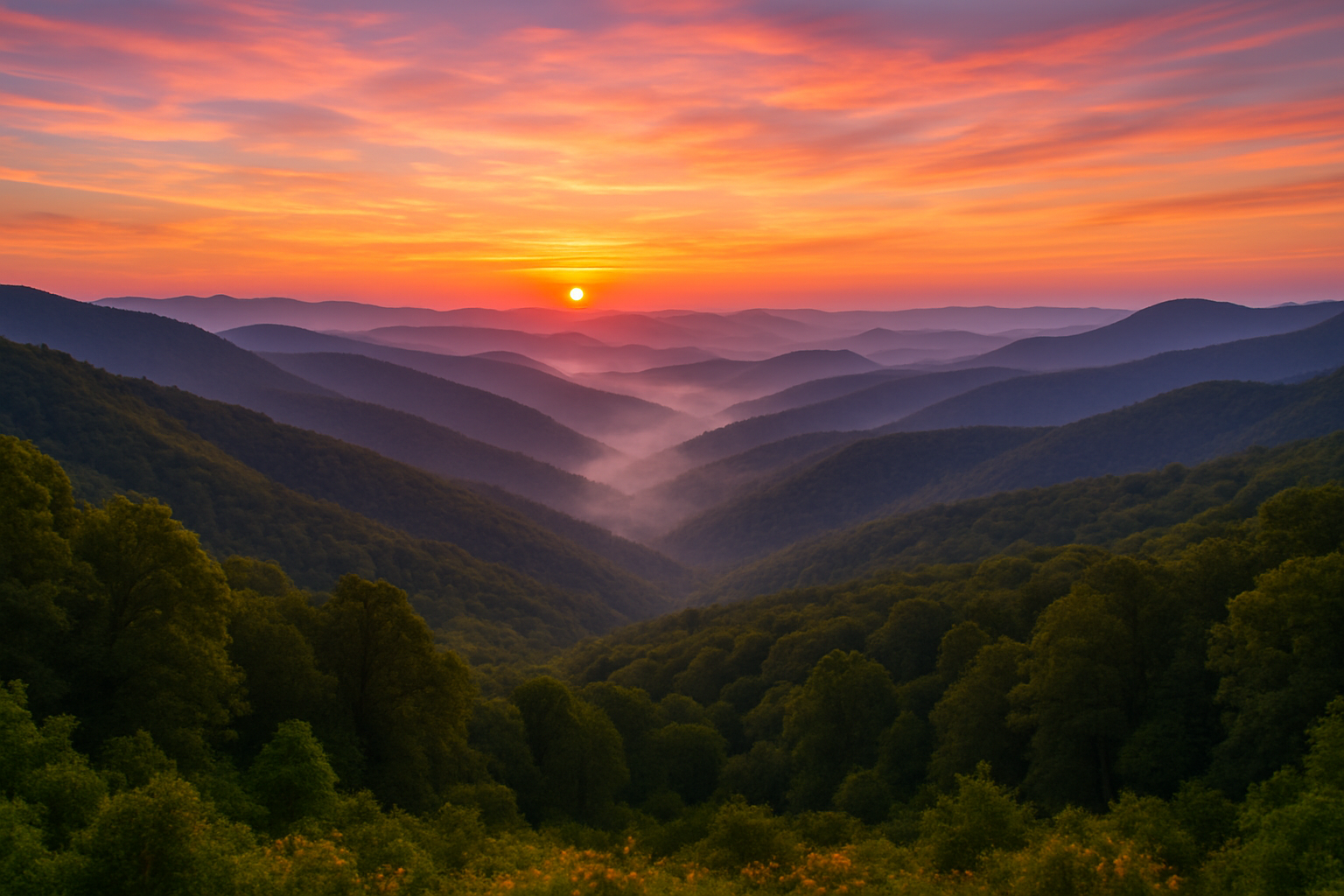 rolling appalachian mountains with sunset